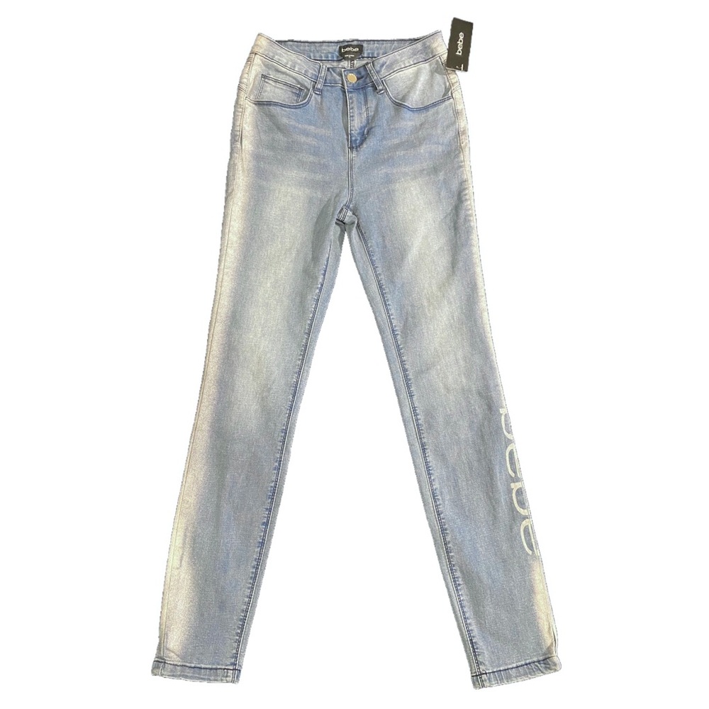 NEW BEBE Silver Stripe Logo Blue Skinny Jean Blue / Silver Lighter Wash Denim 26